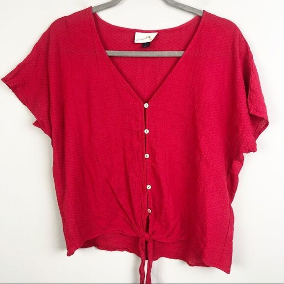UNIVERSAL THREAD | Tie Detail Button Front Short Sleeve Red Top Women’s Size L - Picture 1 of 9